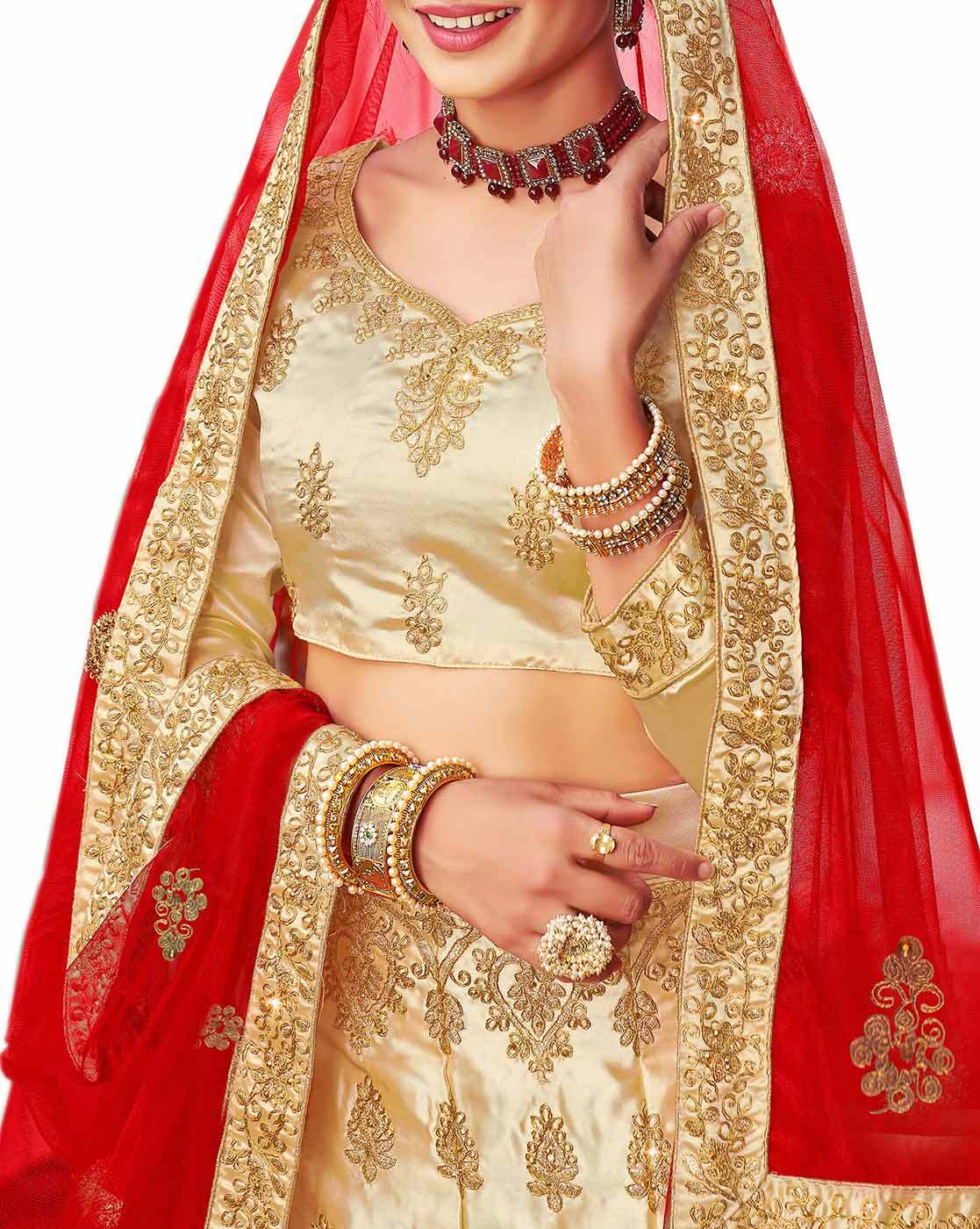 Beige Embroidered Satin Semi-Stitched Lehenga Choli With Dupatta