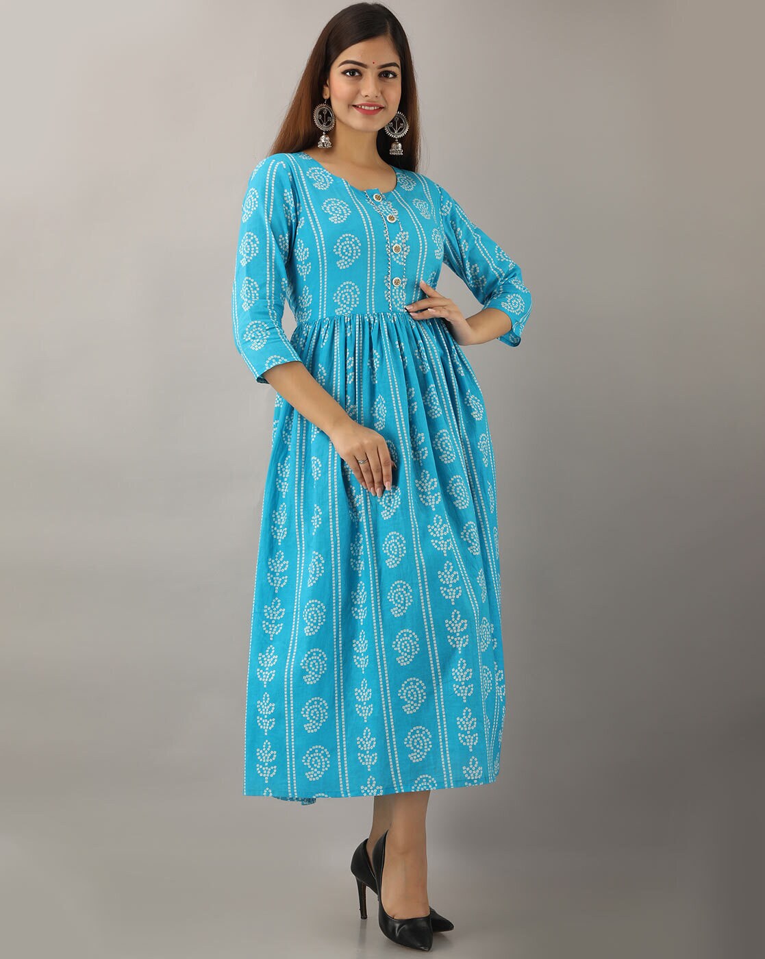 Rama Printed Anarkali Gown With Potli Button Round Neck