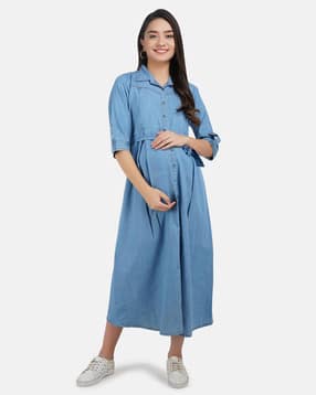 koi sleepwear Solid Denim Maternity Dress With Feeding Pocket -picture-1
