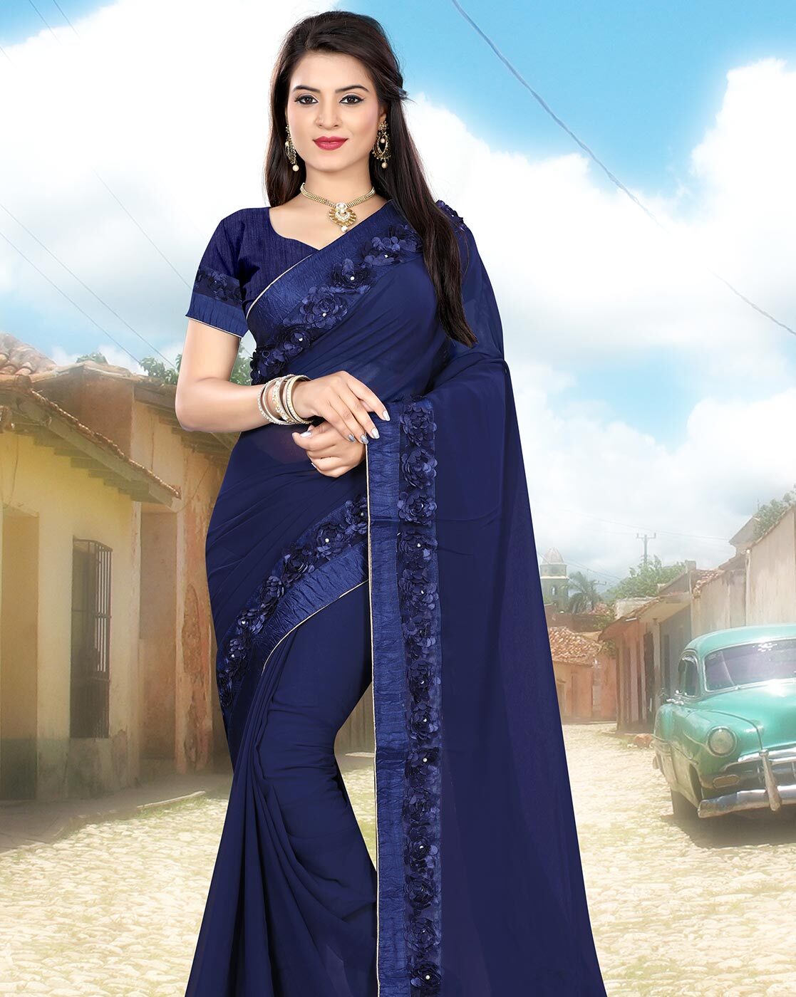 Buy Blue Saree Georgette Iris Pre-draped With Mirror Work Blouse For Women  by Preeti S Kapoor Online at Aza Fashions.