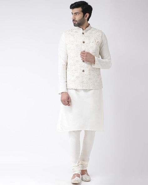White Color Cotton Kurta Pajama With Nehru Jacket 993MW59