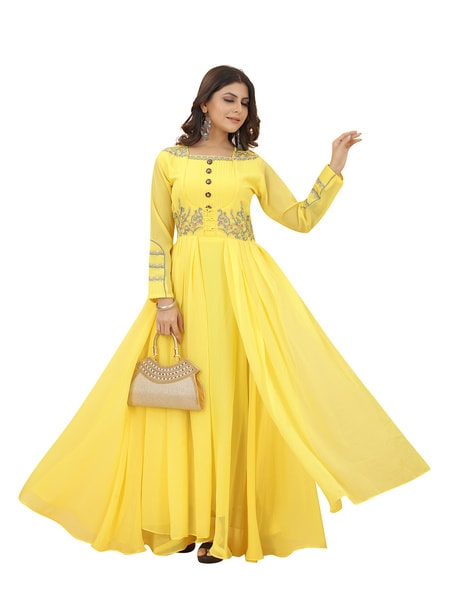 Buy KAAJH Yellow Mirror Embellished Long Gown online