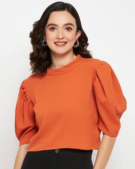 High-Neck Top with Puff Sleeves