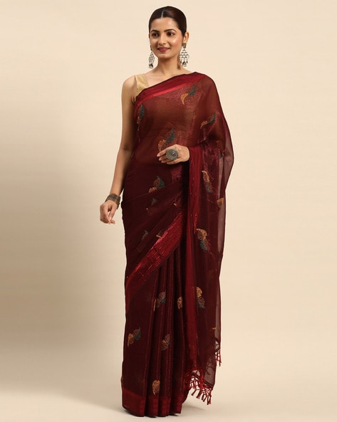 Indian Women Embroidered Saree with Tassels