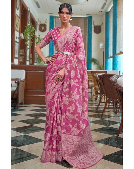 Traditional Women's Printed Sandhya Cotton Linen Pink Saree with Blouse  Piece