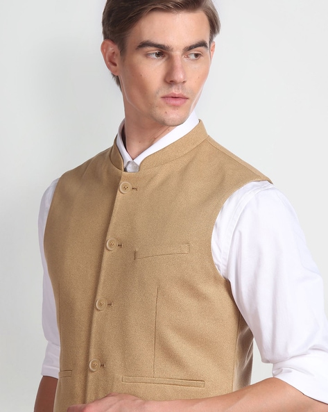 Ecru Cream Textured Premium Polyester Designer Kurta Jacket For Men