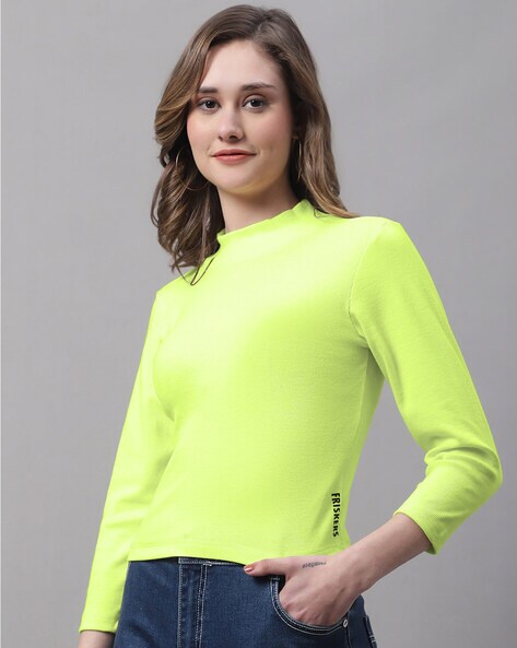 FBAR Ribbed Slim Fit High-Neck Top For Women (Green, L)