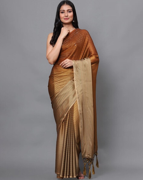 Brown plain body georgette designer saree with contrast Burgundy color  border & blouse of sequin work & embroidery