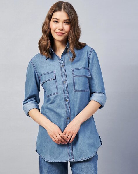 Buy Women Blue Solid Denim Shirt | Kraus Jeans