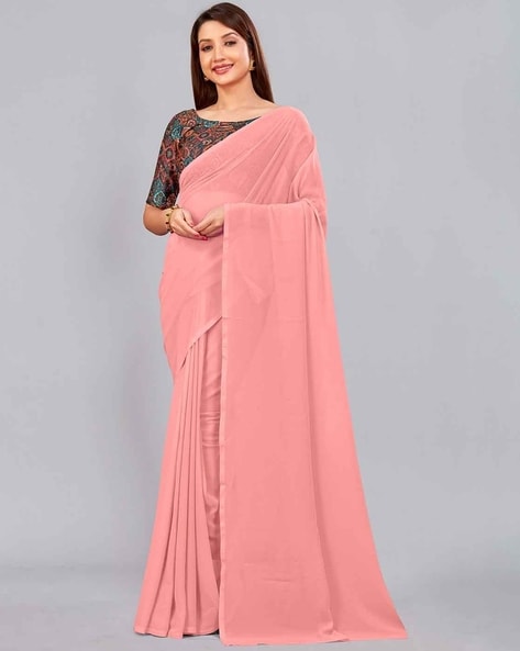 Peach or Red Plain Ready to Wear Silk Saree WITH BLOUSE - WHITE FIRE -  3844667