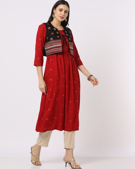 Women Jacket Kurta's - Women Printed Crepe Jacket Kurta Red Manufacturer  from Pimpri Chinchwad