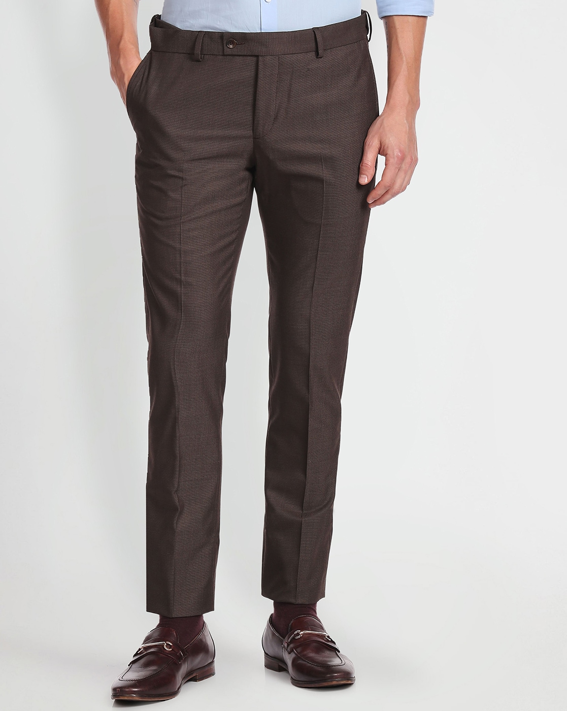 Buy SOJANYA Men Cotton Blend Brown Formal Trousers online