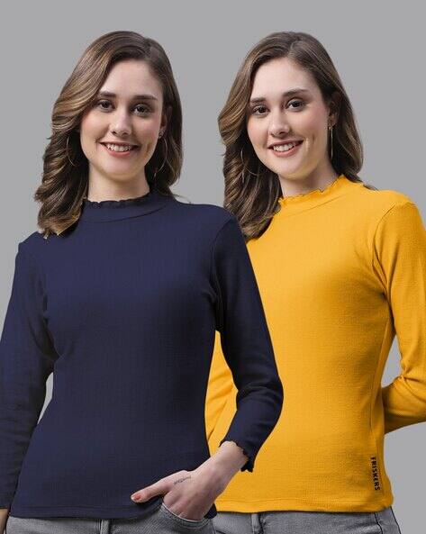women's navy and yellow tops