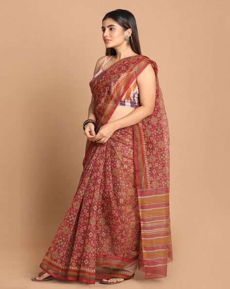 Beige and Brown Block Printed Kota Saree with Stripes|Desically Ethnic