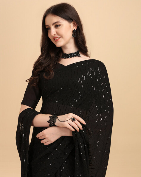 Classy Black Rayon Saree Adorned with Delicate Gold Hand Embroidery & –  Sujatra