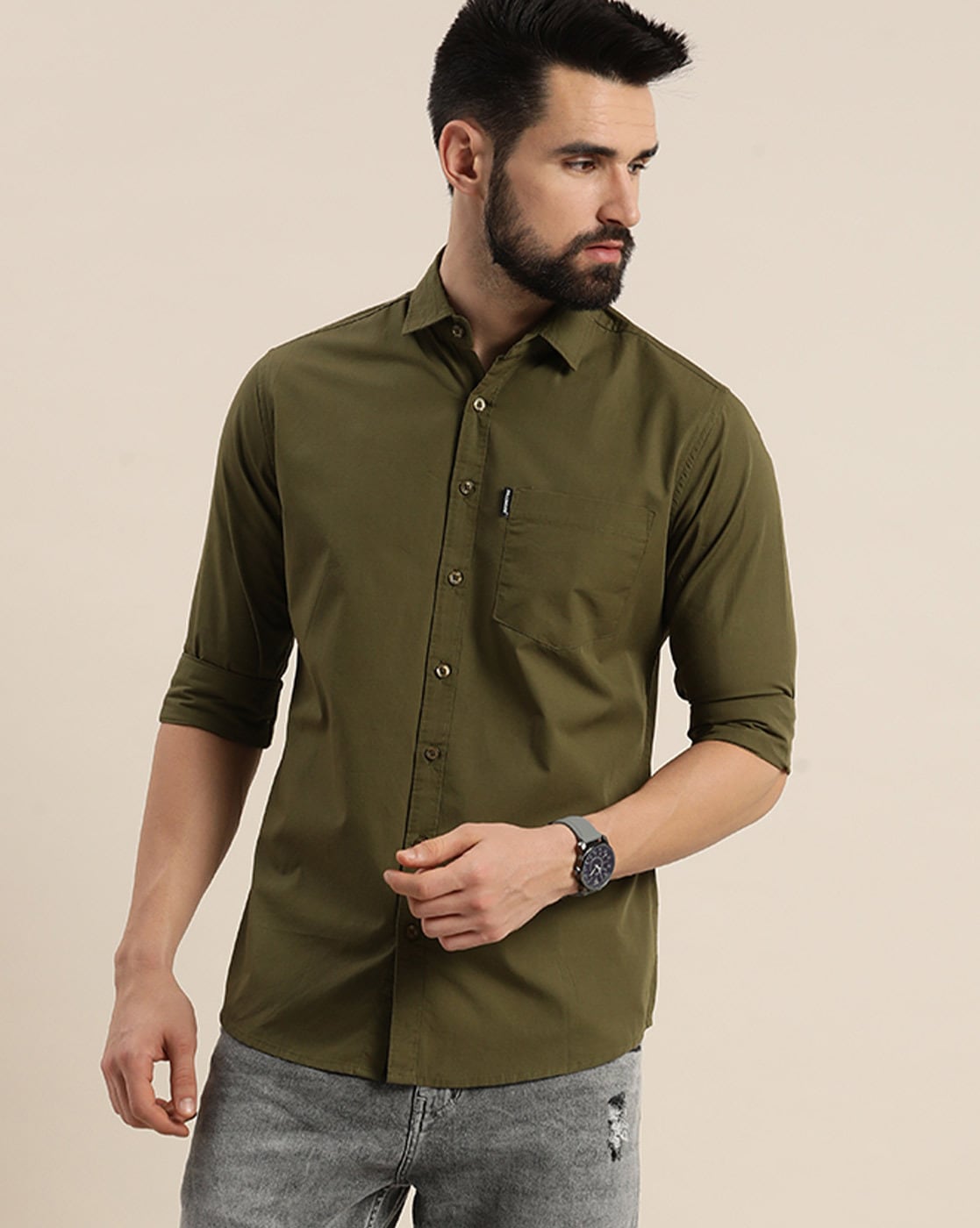 Buy t-base Men Forest Green Cotton/Lycra Solid Casual Shirt Online India