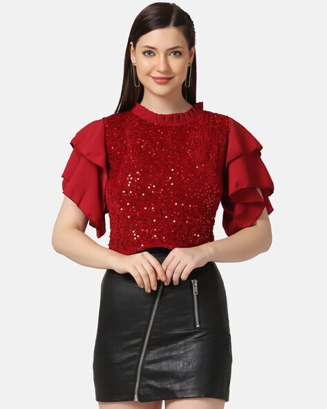 Sequin Red Dressy Blouses For Special Occasions Size XS X-SMALL