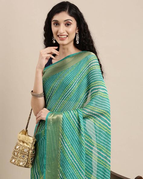 Leheriya Printed Cotton Saree in Teal Green : SJRA4511