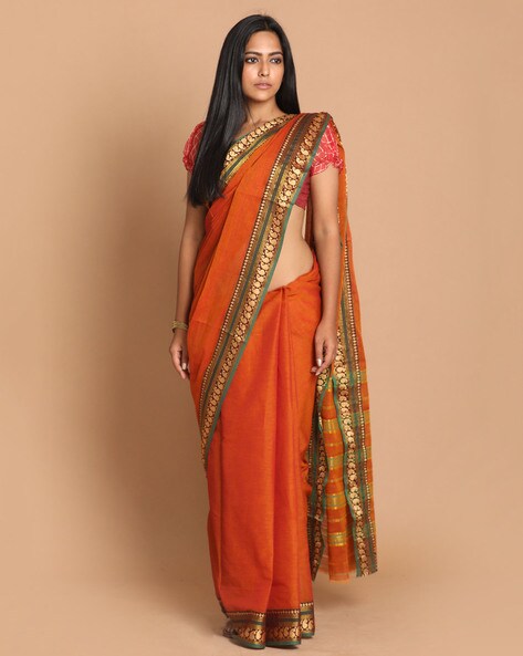 Shop Rust Orange Katan Silk Saree Online in USA with Overall Zari Work –  Pure Elegance