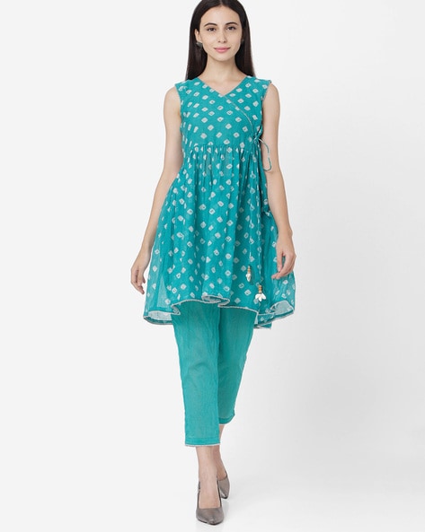 Blue Lucknowi Hand Embroidered Short Frock A-Line Peplum Kurta Pant Set -  Muslin Cotton / SkyBlue / XL(42) | Kurta with pants, Short frock,  Embroidered shorts