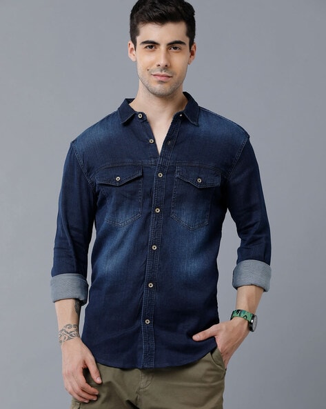 PROTOTYPE Slim Fit Denim Shirt For Men (Blue, L)