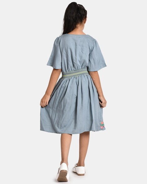 Bella Embroidered Linen Dress - Grey Blue Chambray