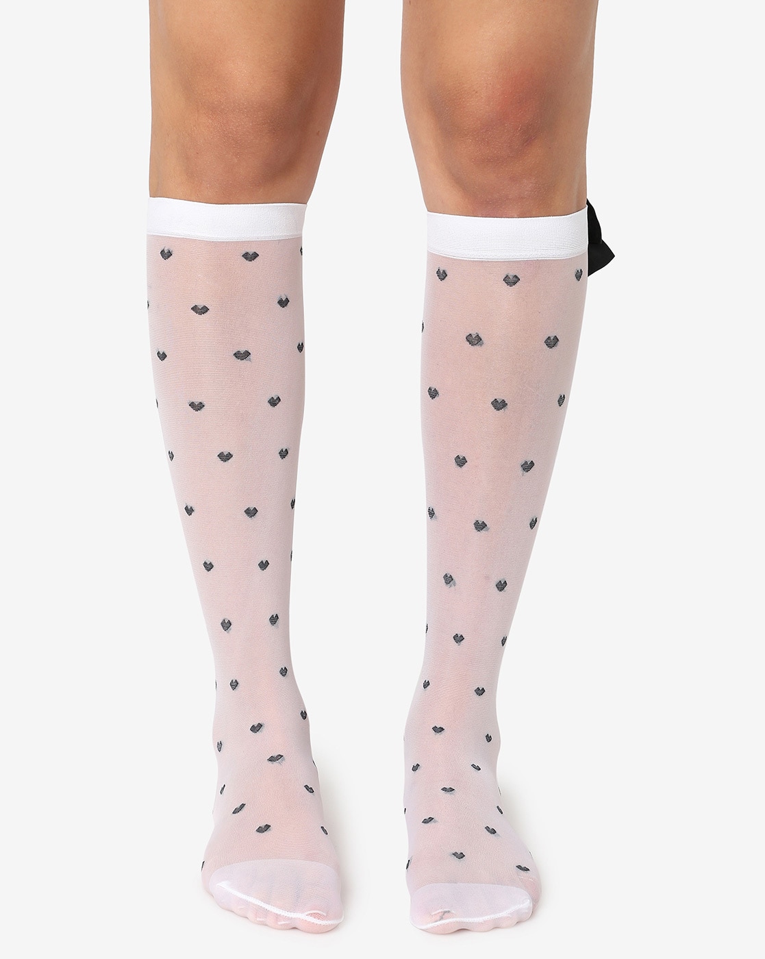 Sheer Knee High Polka Dot Socks in White with Pink Bow - The