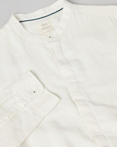 Linen Mix Plain Mandarin Collar Shirt