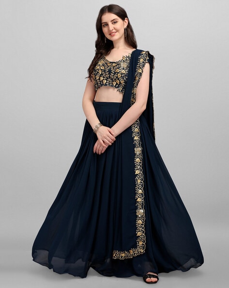 Golden Semi-Stitched Myntra Lehenga & Unstitched Blouse with Dupatta-Semi  Stitched | Lehenga choli online, Lehenga choli, Lehenga