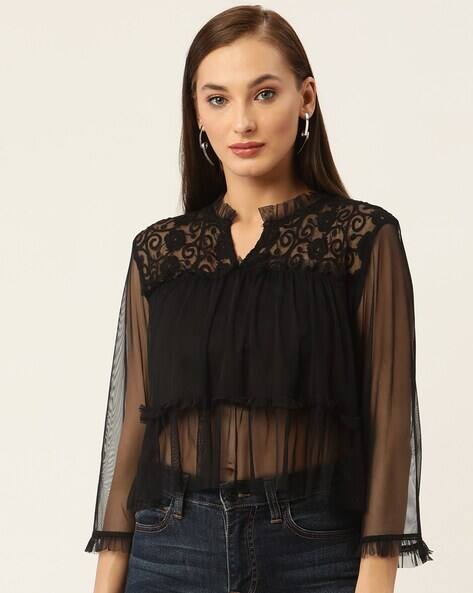 Rue Collection Floral Lace Sheer-Through Top