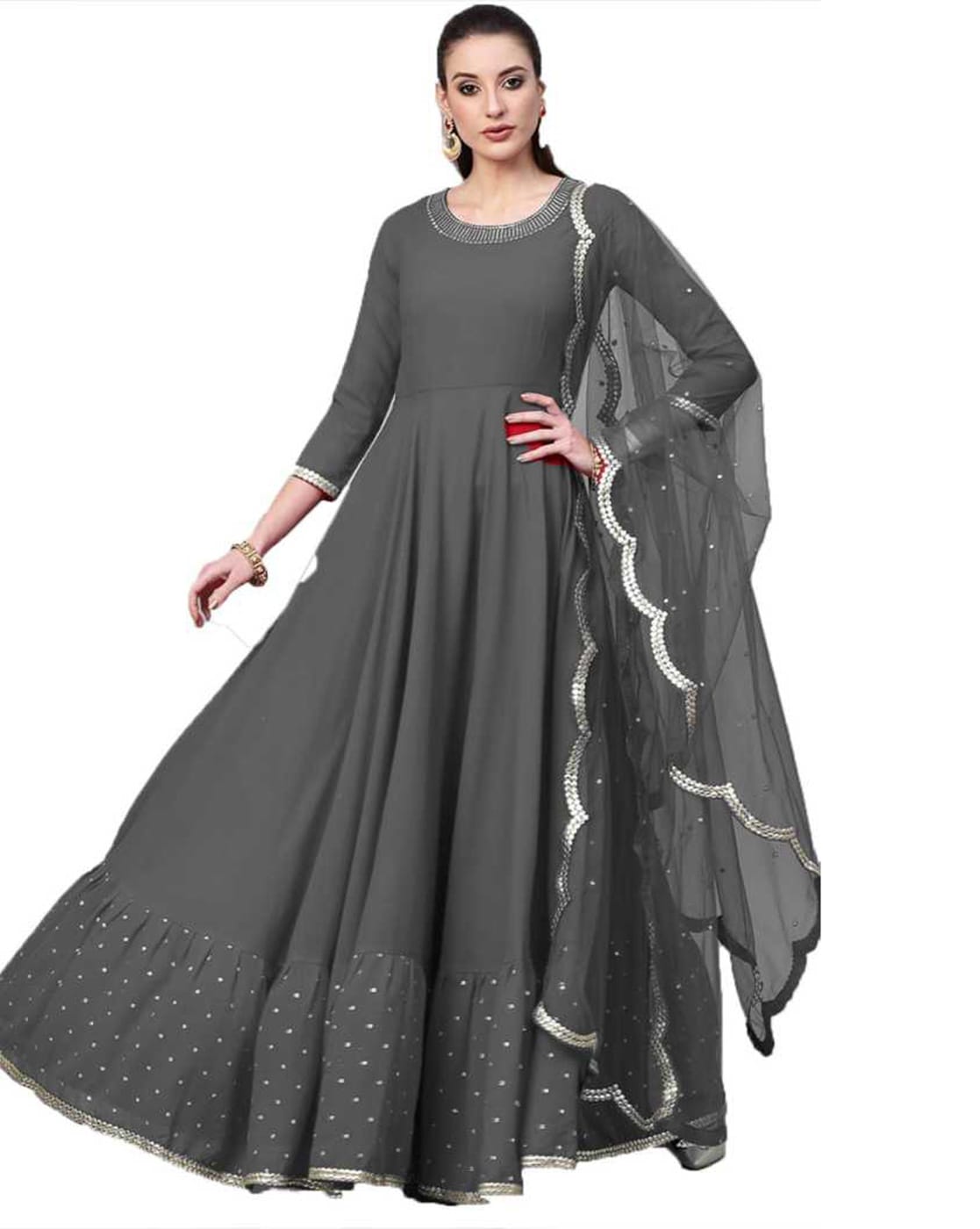 Ash Grey and Slate Grey Chanderi Gown Style Anarkali Dress 