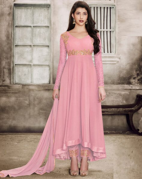 Pink Golden Embroidered Layered Anarkali Suit - Hatkay