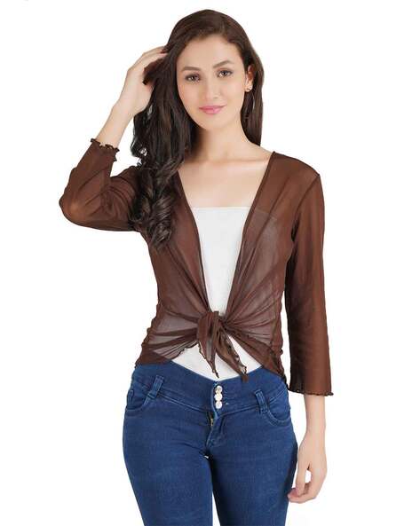 Buy BROWN TRANSPARENT TIE-DETAIL MESH BLOUSE for Women Online in India