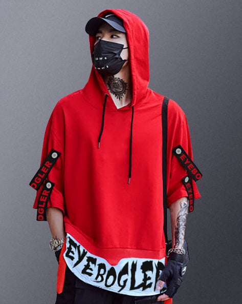 EYEBOGLER Regular Fit Hooded T-Shirt with Strappy Sleeves For Men (Red, M)