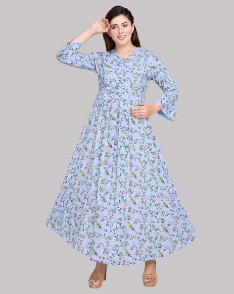 Navy Floral Box Pleats Maternity & Feeding Dress