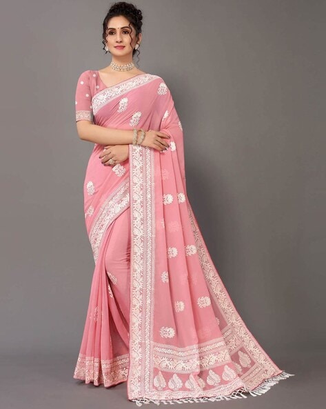 Ada Hand Embroidered Pink Pure Georgette Lucknowi Chikankari Saree with  Cutdana Work01A112490 | Pure georgette sarees, Saree, Chikankari lehenga