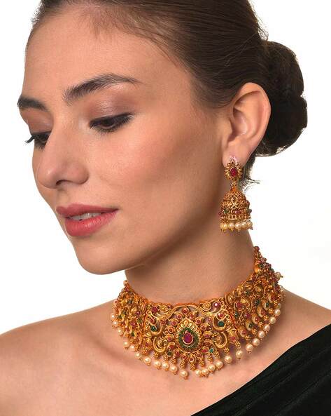 Royal Look Antique Gold Choker Necklace Set | Antique Jewellery Set – Gehna  Shop