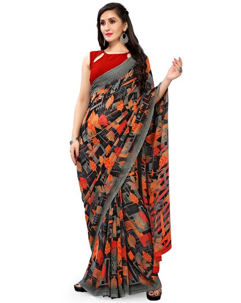 New Designer Yellow Black Color Printed Saree With Price