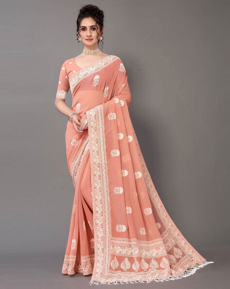 Buy White Hand Embroidered Lucknowi Chikankari Saree (Georgette-With Blouse)  14991 | www.maanacreation.com