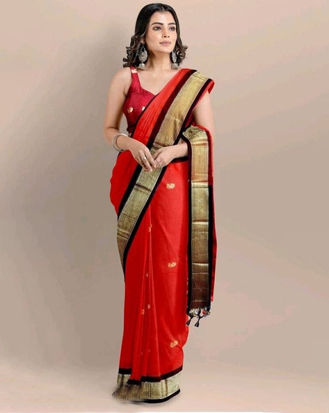 Ikkat Kanjivaram Fusion Silk Saree in Black & Red with Wide Zari Borde