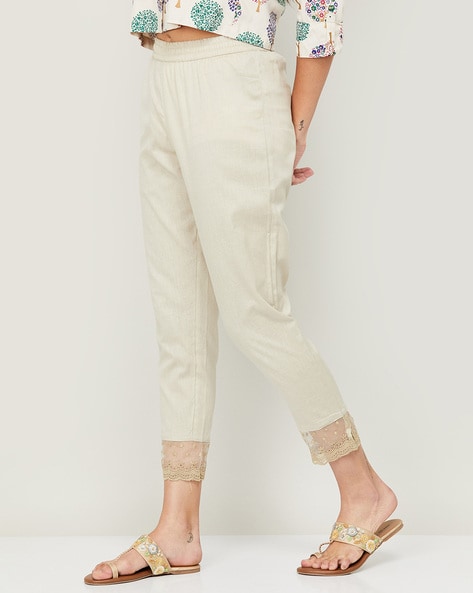 Buy Ecru Solid Slim Pants With Lace Online  W for Woman