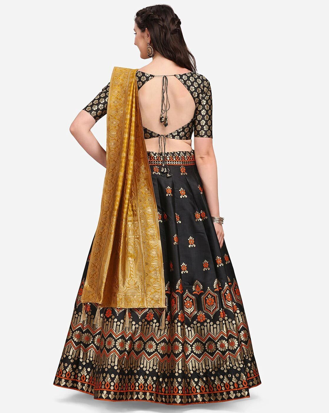 Black and Golden Lehenga Choli with Embellished Sequins Work and on Sheer  Dupatta | Exotic India Art