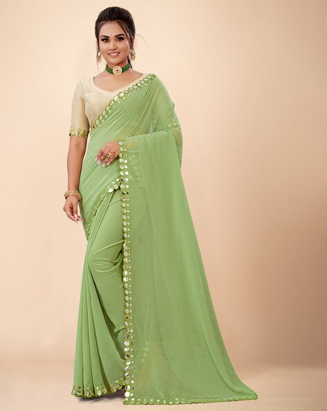 Ombre Green Georgette Silk Saree With Designer Blouse – Zari Banaras