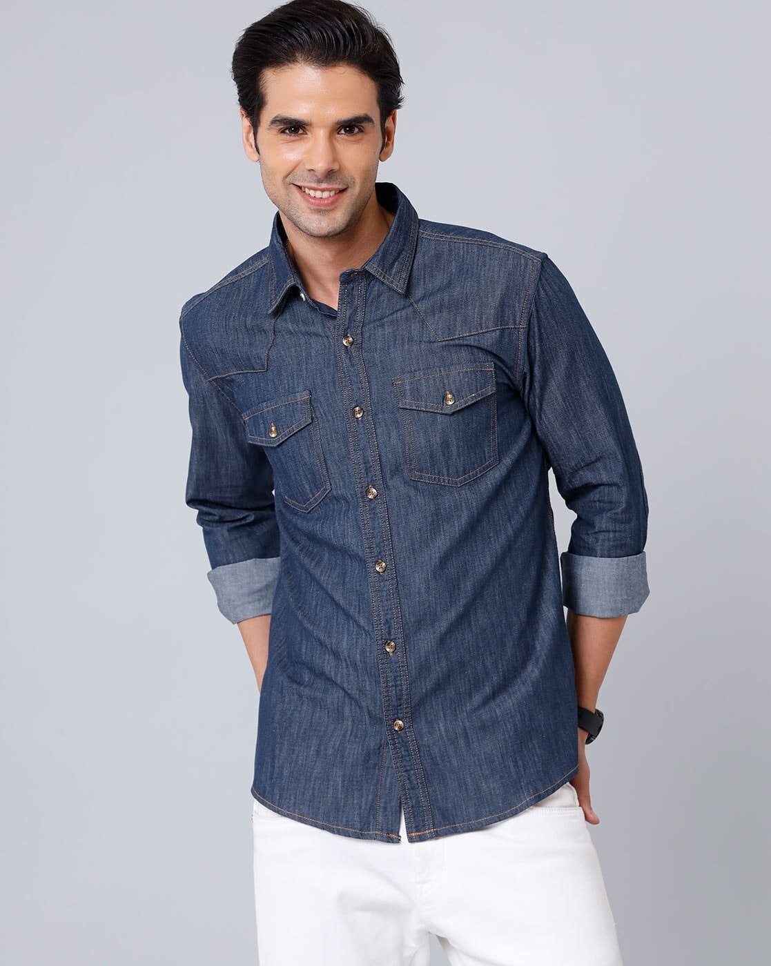Buy Noggah Solid Blue Full-Sleeves Classic Collared Denim Shirts for Men,  Unique and Stylish Double Denim Look, Excellent and Cosy fit, Long Lasting  Without Fading, for handwash only, Occasions at Amazon.in