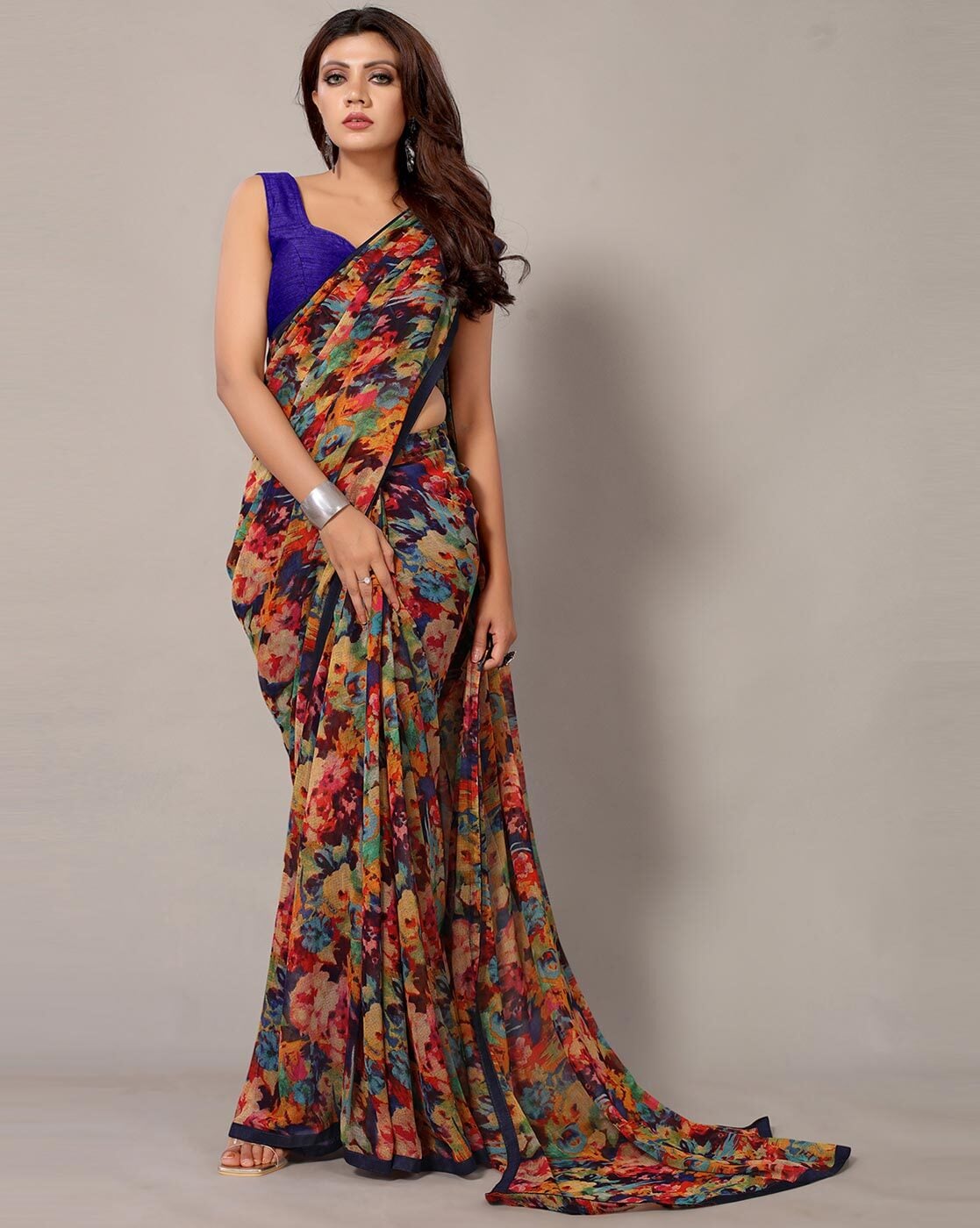 Sky Blue Georgette Floral Printed Saree – Leemboodi