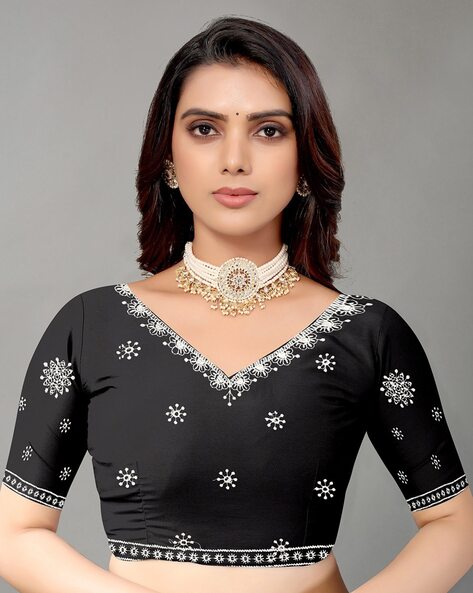 Buy Black Velvet Saree Blouse Online in USA with Embroidered Border – Pure  Elegance