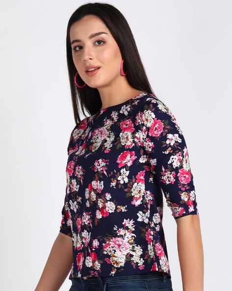 Vahson Floral Print Boat-neck Top For Women (Blue, S)