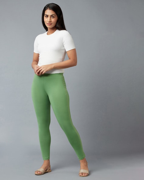 Buy online Solid Light Green Cotton Lycra Calf Length Leggings