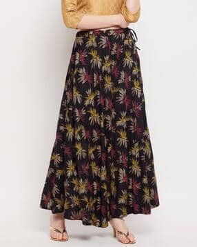 Floral Print Flared Skirt with Drawstring Waist