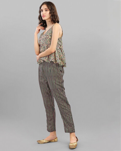 Pajama Shirt and Pants - Dark green/striped - Ladies